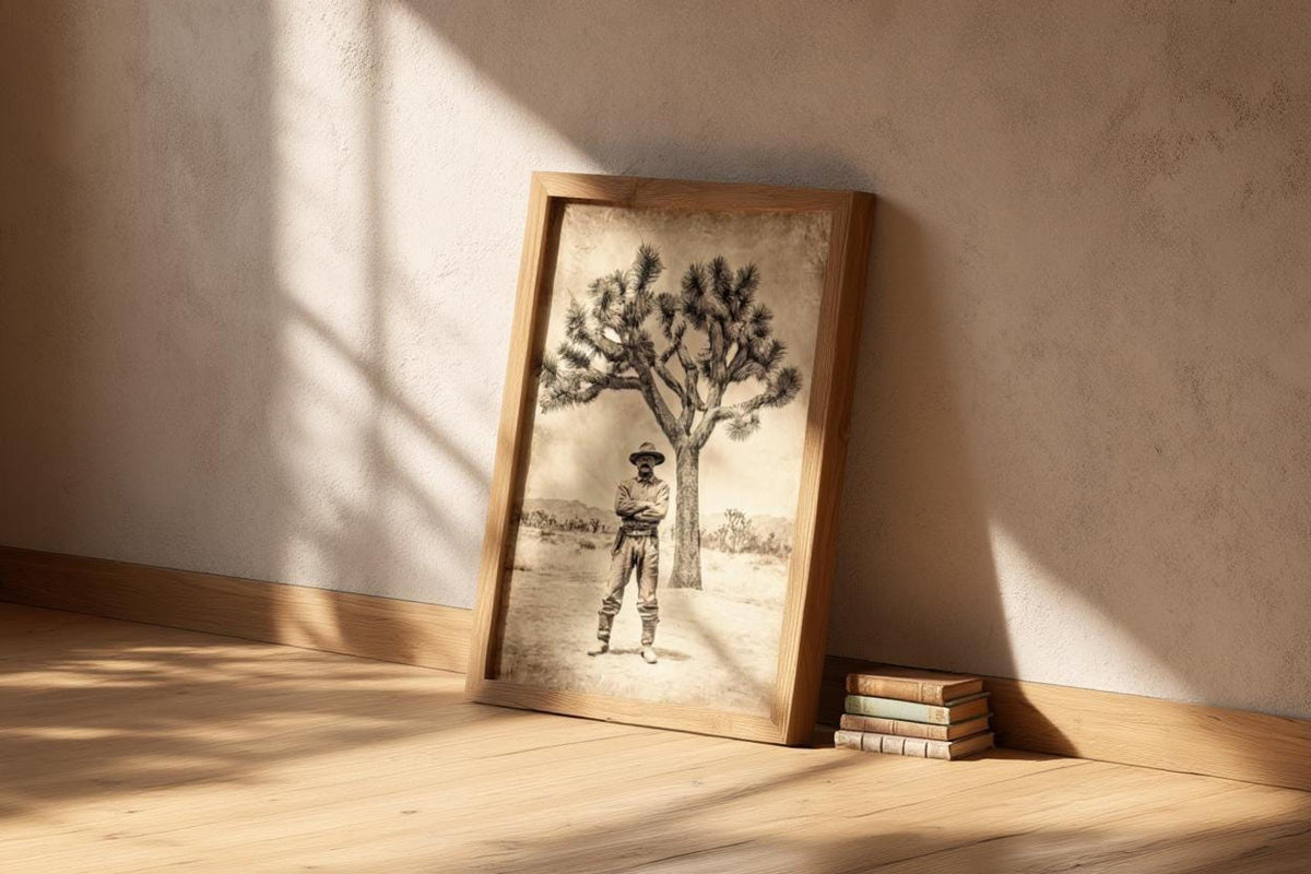 Angled frame resting on textured wall, old west wall art in golden light, faded sepia cowboy poster vibe