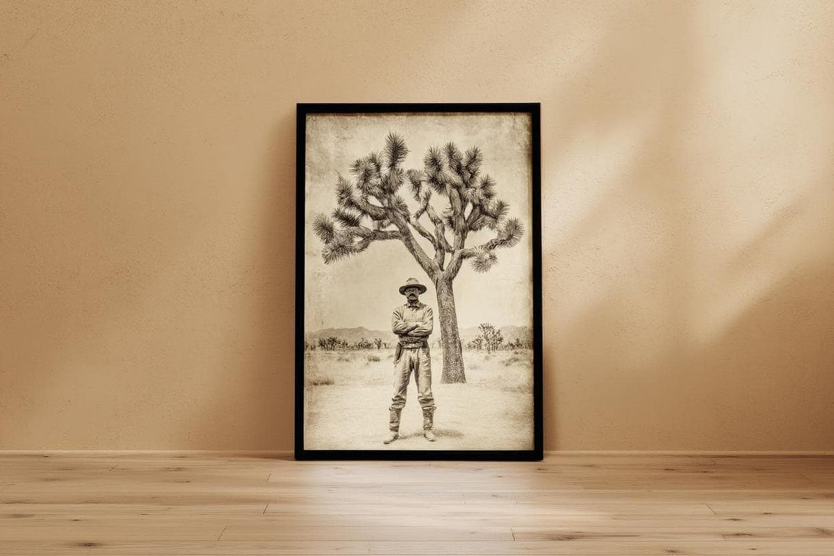 Centered dark frame on neutral wall, vintage cowboy wall art presented as a western cowboy print, antique look
