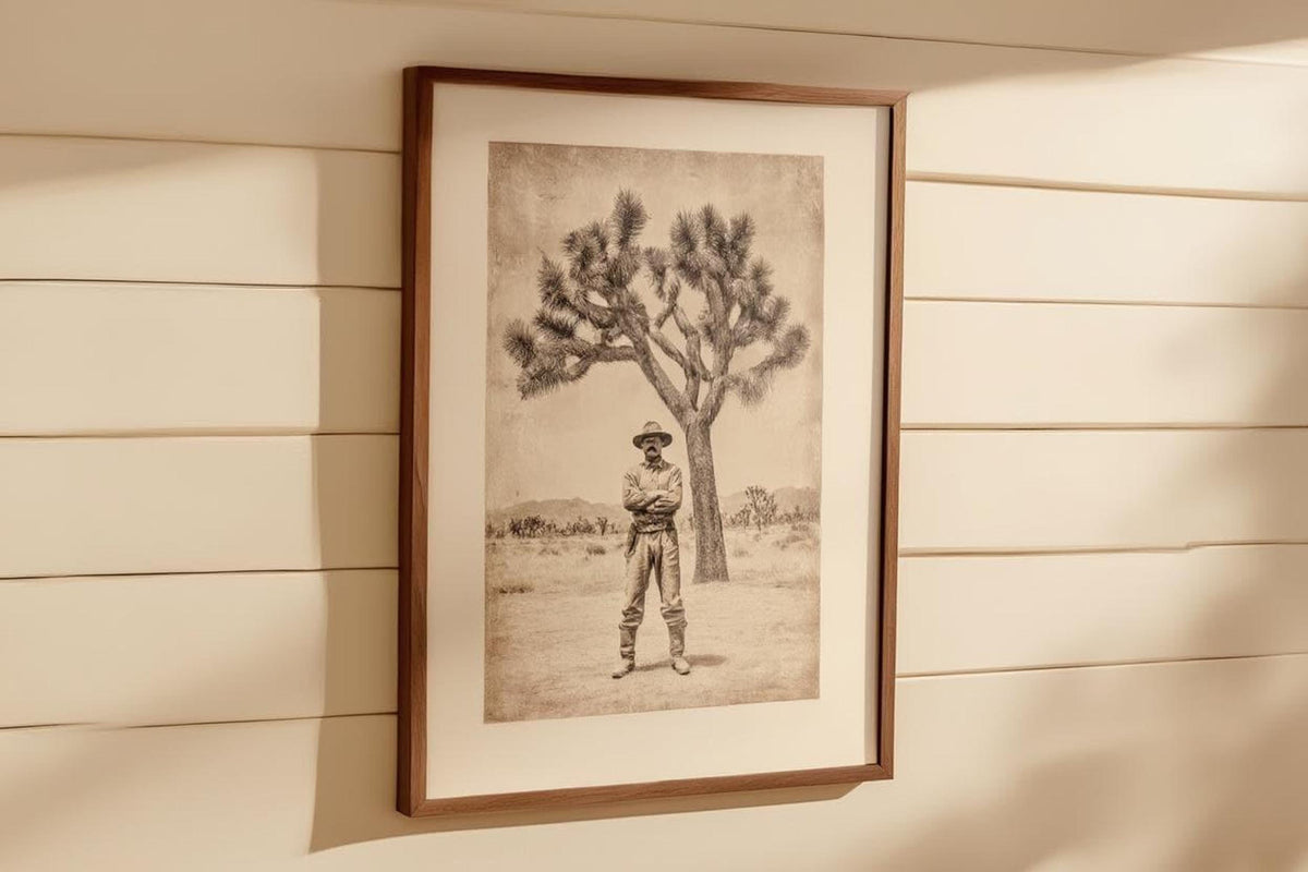 Framed sepia print hung on shiplap, desert landscape wall art showing lone cowboy beneath a Joshua Tree