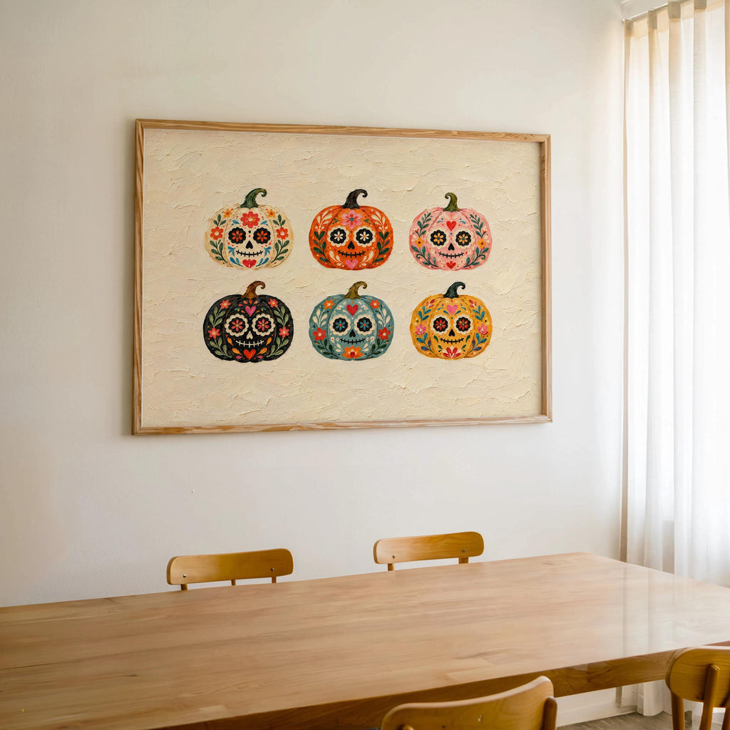 Sugar Skull Pumpkin Wall Art, Mexico Dia de los Muertos Folk Print, Colorful Calavera Halloween Autumn Decor, Mexican Culture Poster