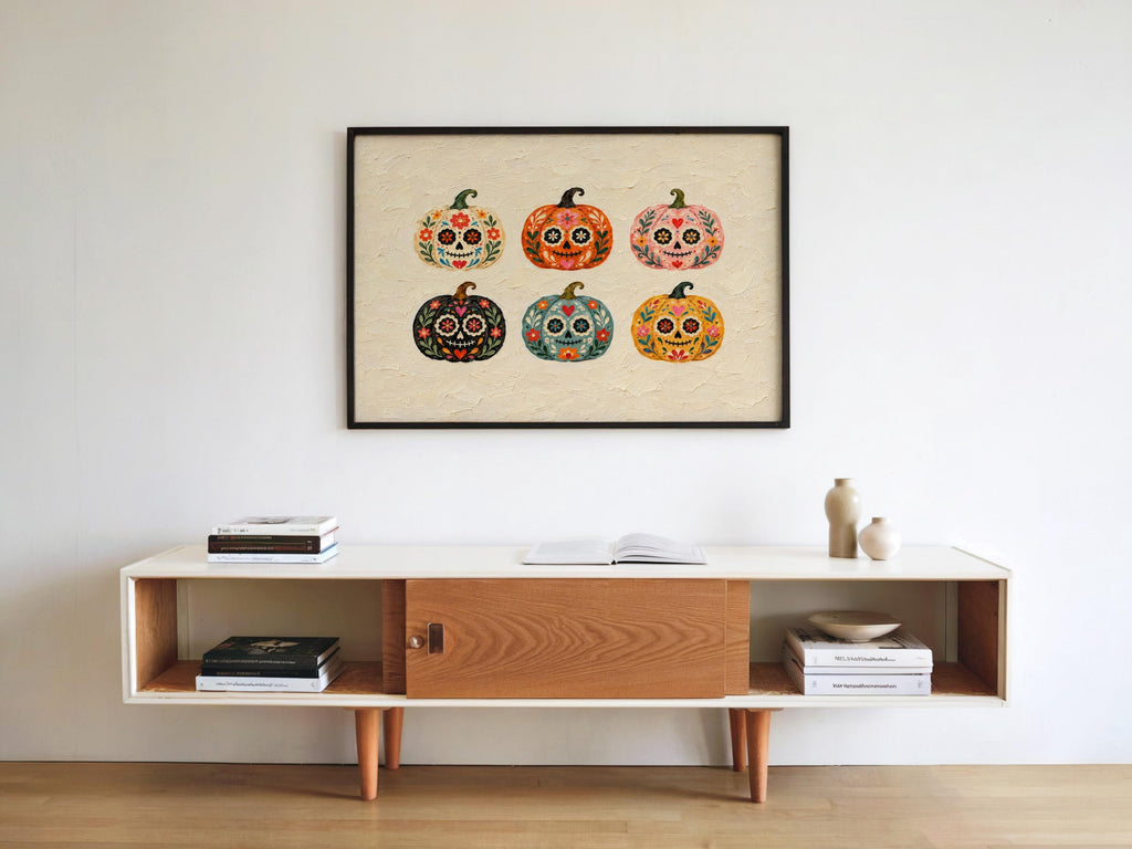 Sugar Skull Pumpkin Wall Art, Mexico Dia de los Muertos Folk Print, Colorful Calavera Halloween Autumn Decor, Mexican Culture Poster