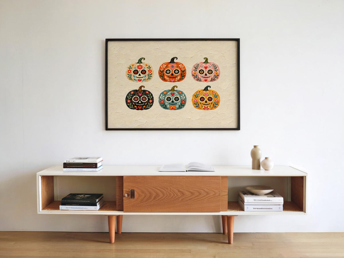 Sugar Skull Pumpkin Wall Art, Mexico Dia de los Muertos Folk Print, Colorful Calavera Halloween Autumn Decor, Mexican Culture Poster