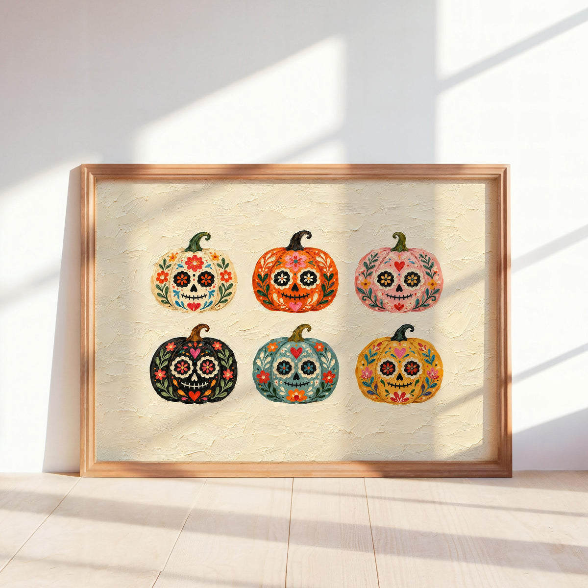 Sugar Skull Pumpkin Wall Art, Mexico Dia de los Muertos Folk Print, Colorful Calavera Halloween Autumn Decor, Mexican Culture Poster