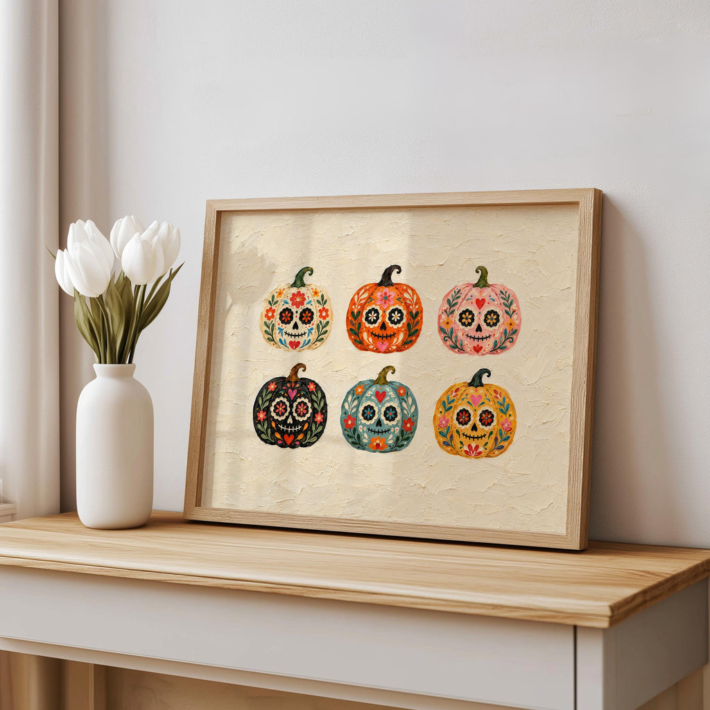 Sugar Skull Pumpkin Wall Art, Mexico Dia de los Muertos Folk Print, Colorful Calavera Halloween Autumn Decor, Mexican Culture Poster