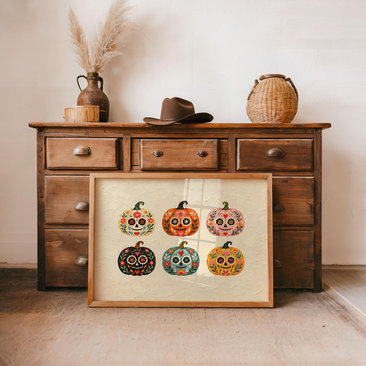 Sugar Skull Pumpkin Wall Art, Mexico Dia de los Muertos Folk Print, Colorful Calavera Halloween Autumn Decor, Mexican Culture Poster