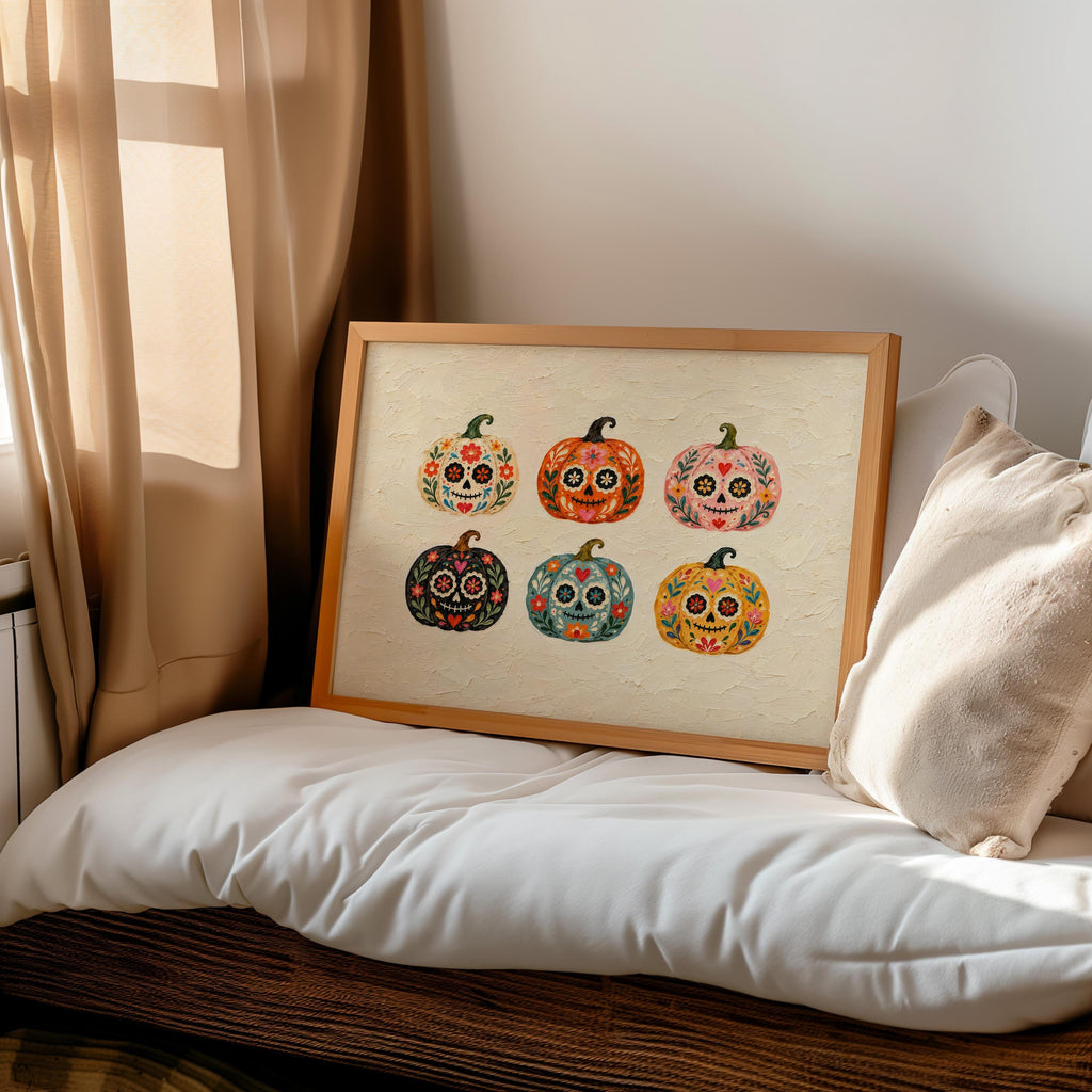 Sugar Skull Pumpkin Wall Art, Mexico Dia de los Muertos Folk Print, Colorful Calavera Halloween Autumn Decor, Mexican Culture Poster