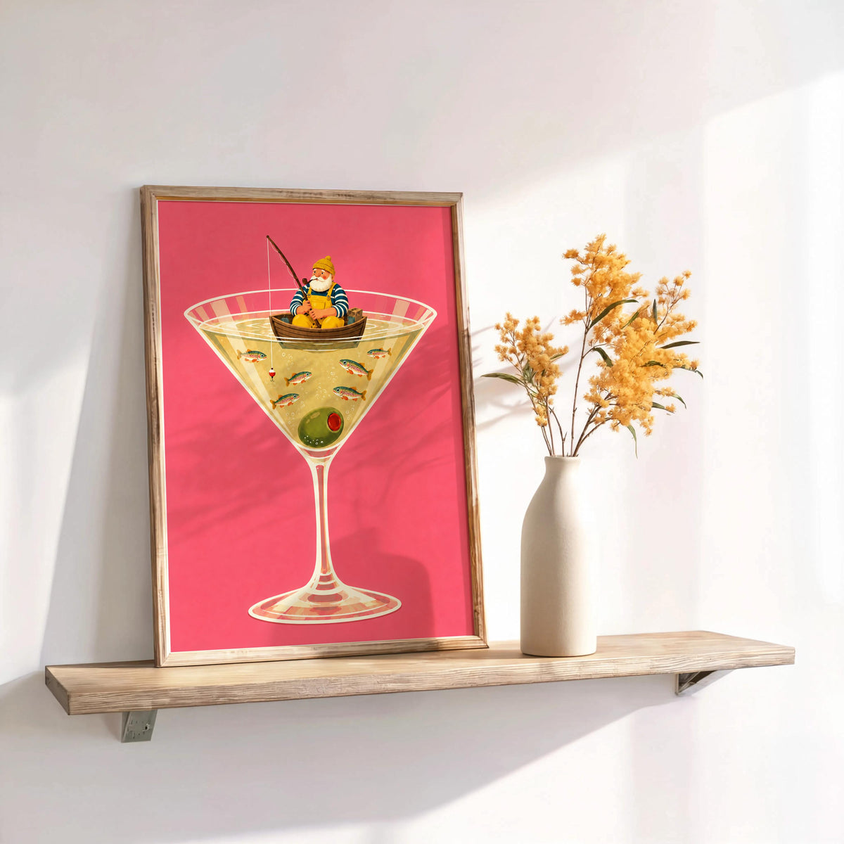 Fisherman in Martini Glass Print, Funny Trout Fish Wall Art, Lake House Poster, Quirky Coastal Decor, Cocktail Lover Gift
