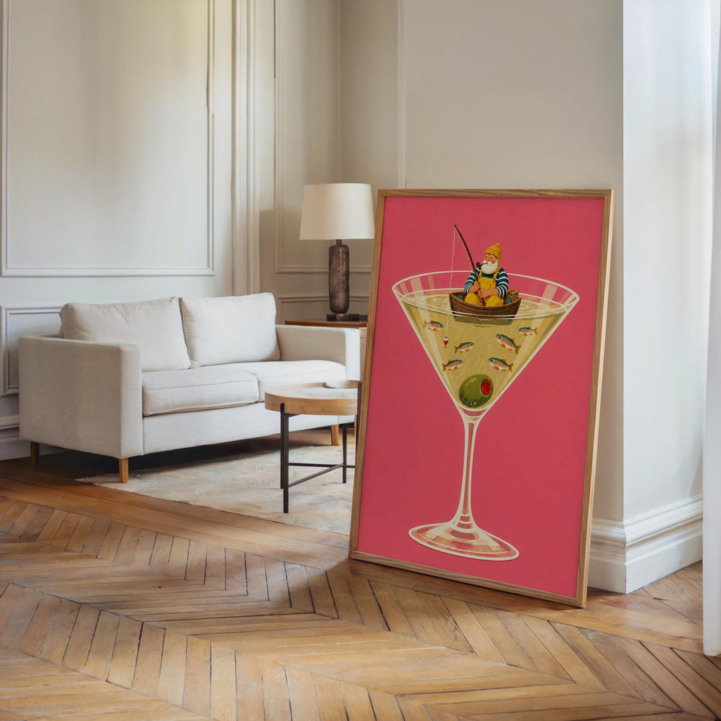Fisherman in Martini Glass Print, Funny Trout Fish Wall Art, Lake House Poster, Quirky Coastal Decor, Cocktail Lover Gift