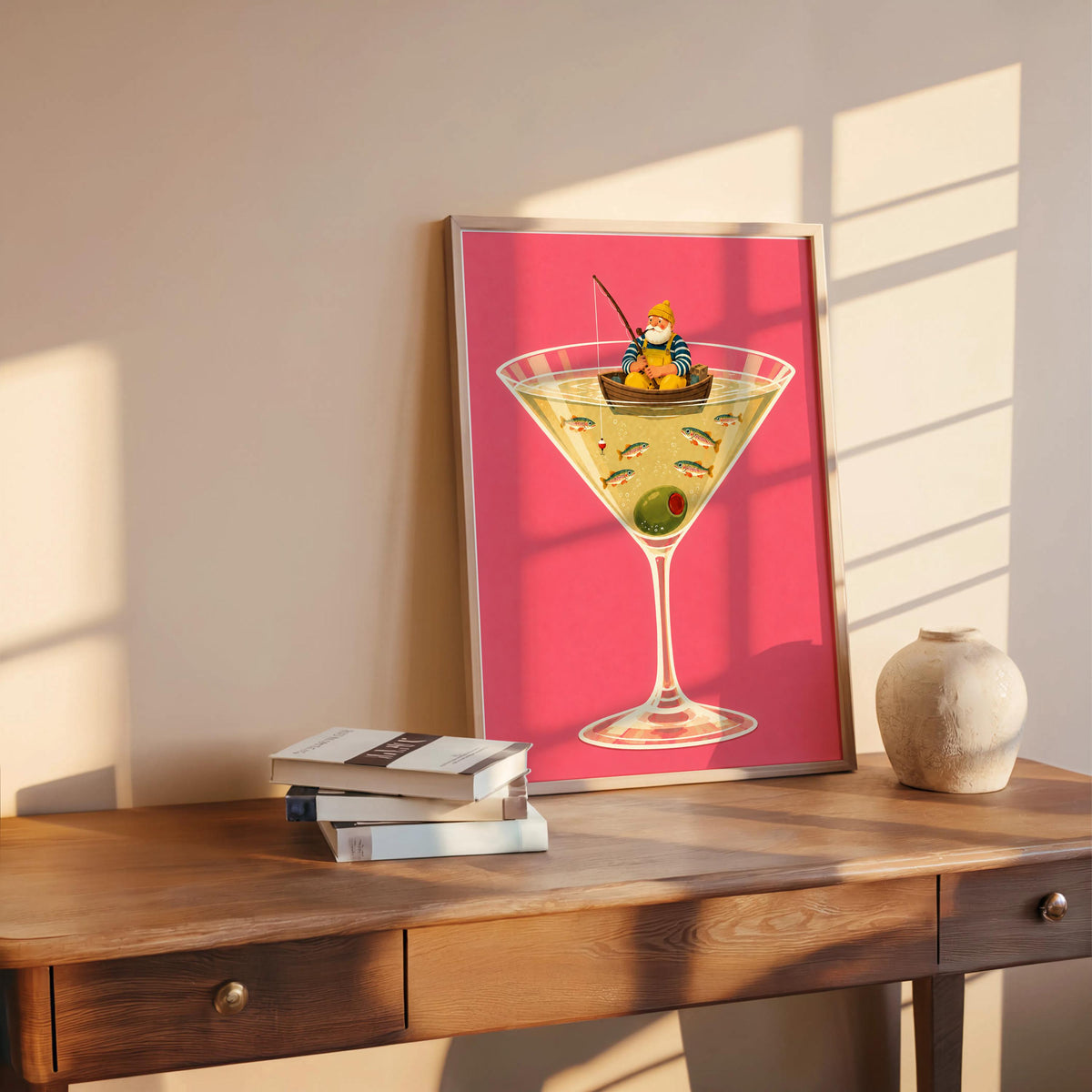 Fisherman in Martini Glass Print, Funny Trout Fish Wall Art, Lake House Poster, Quirky Coastal Decor, Cocktail Lover Gift