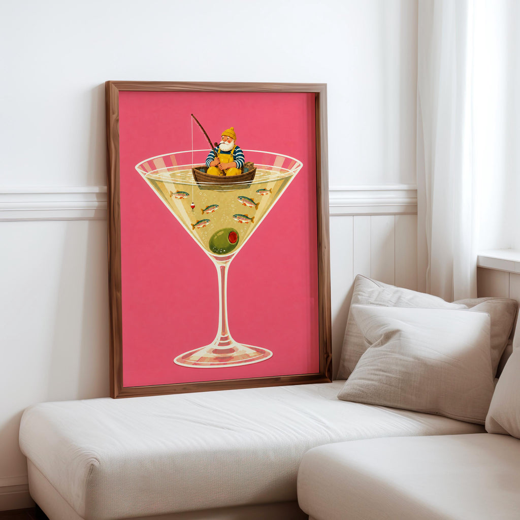 Fisherman in Martini Glass Print, Funny Trout Fish Wall Art, Lake House Poster, Quirky Coastal Decor, Cocktail Lover Gift