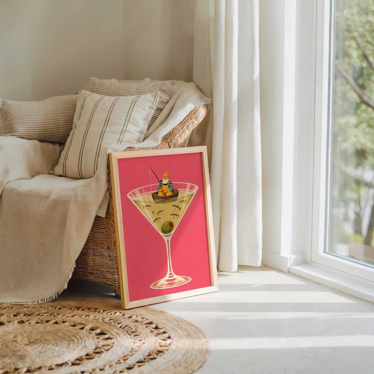 Fisherman in Martini Glass Print, Funny Trout Fish Wall Art, Lake House Poster, Quirky Coastal Decor, Cocktail Lover Gift
