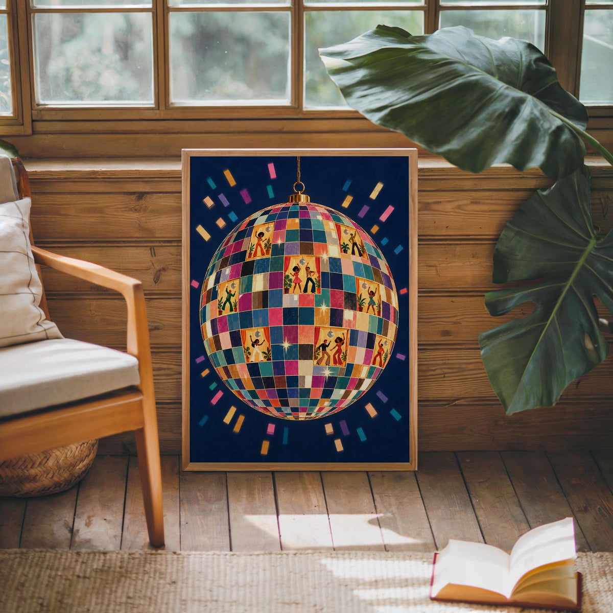 Retro Disco Ball Dancers Wall Art, 70s Dance Party Print, Funky Music Poster, Dopamine Decor, Groovy Dancing Lovers Illustration