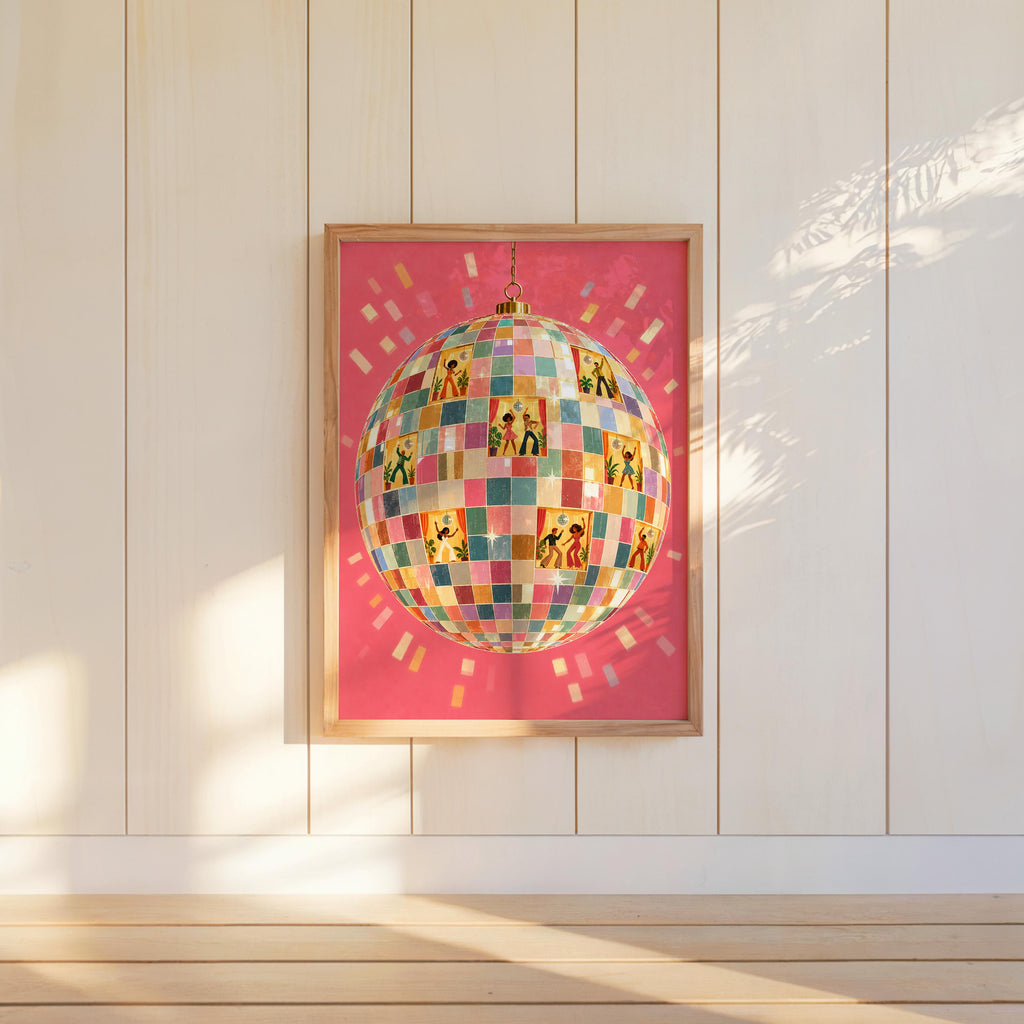 Retro Disco Ball Dancers Wall Art, 70s Dance Party Print, Funky Music Poster, Dopamine Decor, Groovy Dancing Lovers Illustration