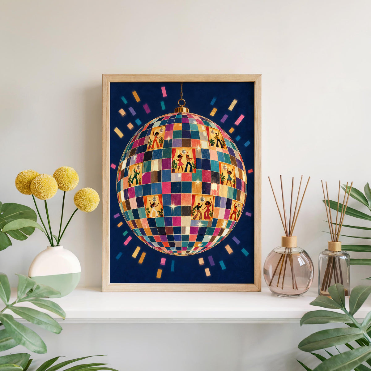Retro Disco Ball Dancers Wall Art, 70s Dance Party Print, Funky Music Poster, Dopamine Decor, Groovy Dancing Lovers Illustration