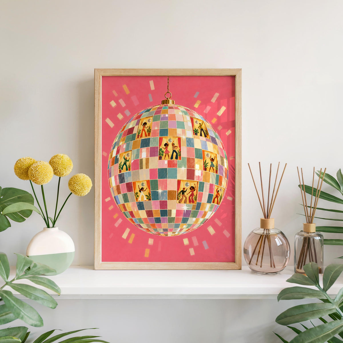 Retro Disco Ball Dancers Wall Art, 70s Dance Party Print, Funky Music Poster, Dopamine Decor, Groovy Dancing Lovers Illustration