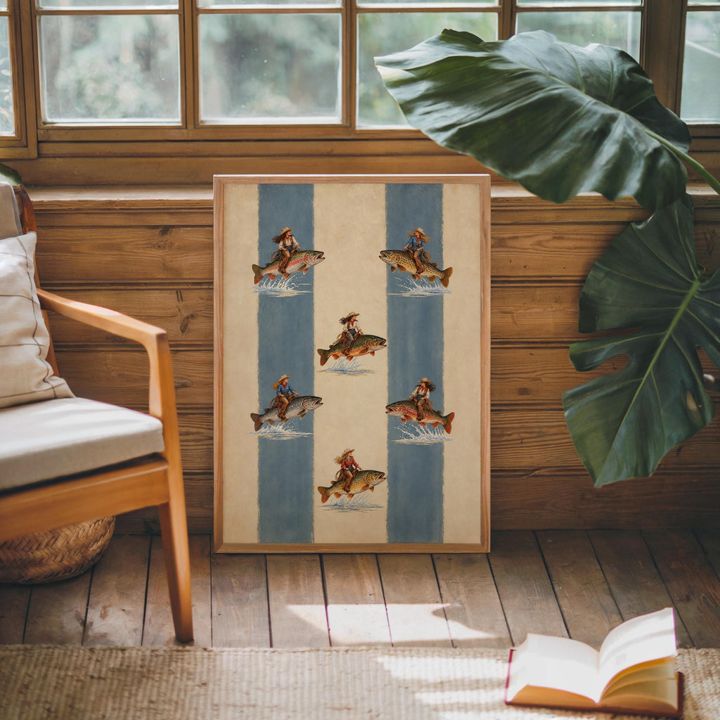 Cowgirl Trout Fish Rider Print, Western Woman Lake House Wall Art, Vintage Fishing Poster, Eclectic Ranch Cowboy Decor