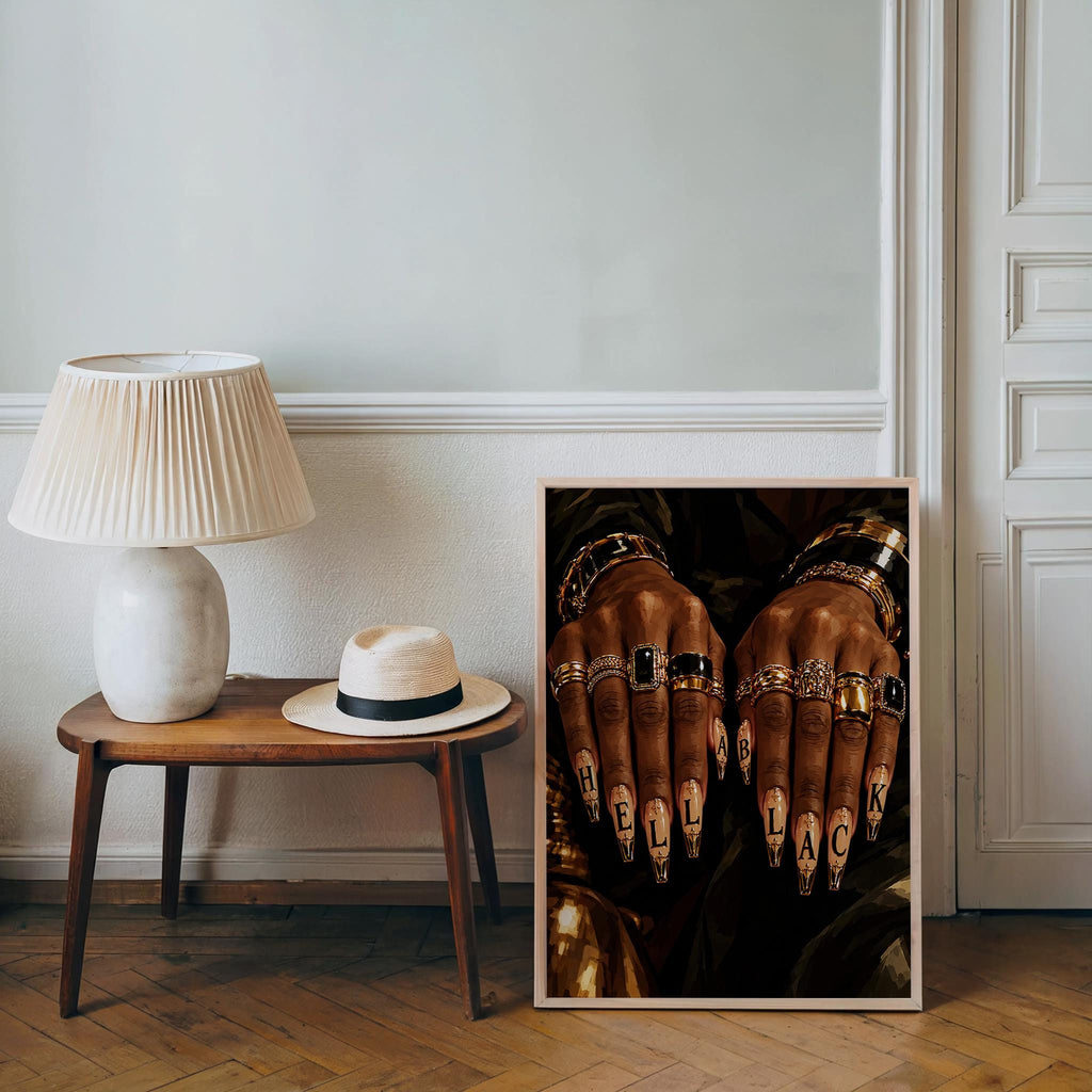 Hella Black Nail Wall Art, African American Woman Beauty Print, Luxury Gold Jewelry Poster, Nail Salon Decor, Afrocentric Fashion Painting