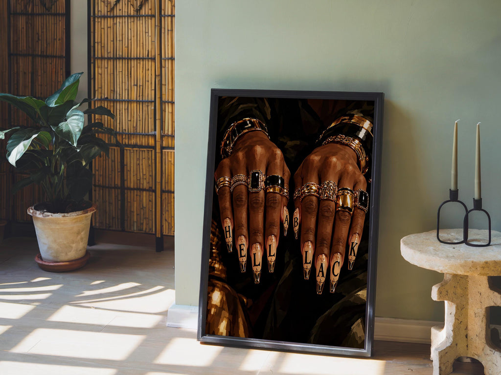 Hella Black Nail Wall Art, African American Woman Beauty Print, Luxury Gold Jewelry Poster, Nail Salon Decor, Afrocentric Fashion Painting