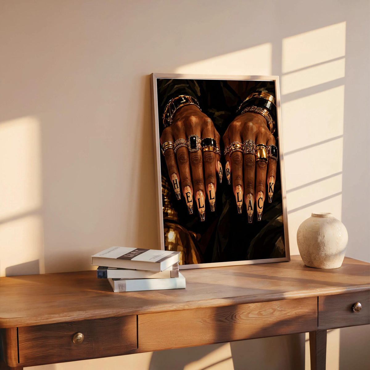 Hella Black Nail Wall Art, African American Woman Beauty Print, Luxury Gold Jewelry Poster, Nail Salon Decor, Afrocentric Fashion Painting