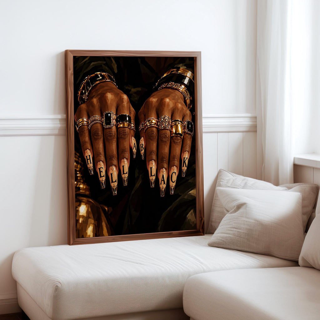 Hella Black Nail Wall Art, African American Woman Beauty Print, Luxury Gold Jewelry Poster, Nail Salon Decor, Afrocentric Fashion Painting
