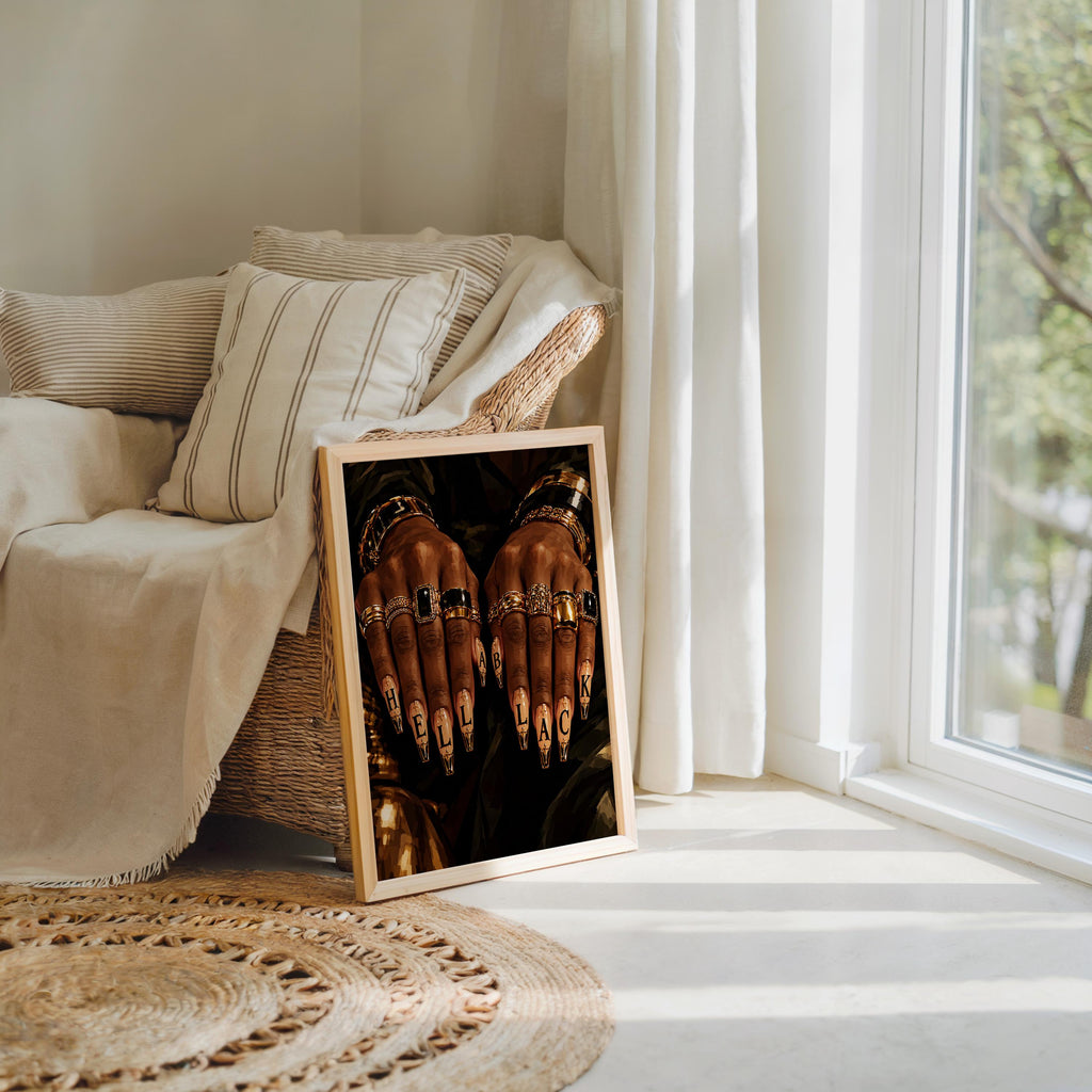 Hella Black Nail Wall Art, African American Woman Beauty Print, Luxury Gold Jewelry Poster, Nail Salon Decor, Afrocentric Fashion Painting