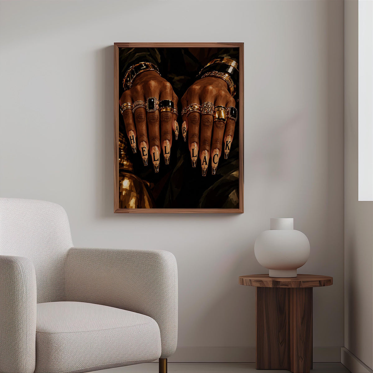 Hella Black Nail Wall Art, African American Woman Beauty Print, Luxury Gold Jewelry Poster, Nail Salon Decor, Afrocentric Fashion Painting