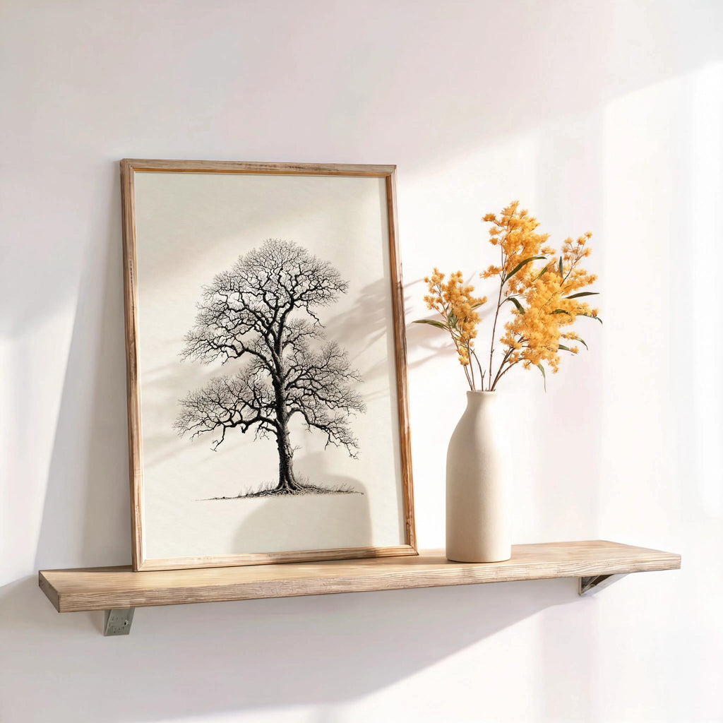 Oak Tree Wall Art, Black & White Botanical Drawing Print, Minimalist Woodland Decor, Winter Nature Sulhouette Poster, Tree Lover Gift