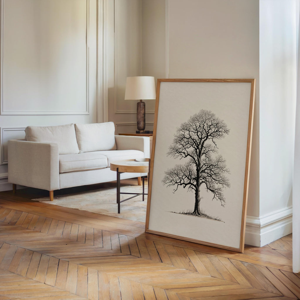 Oak Tree Wall Art, Black & White Botanical Drawing Print, Minimalist Woodland Decor, Winter Nature Sulhouette Poster, Tree Lover Gift