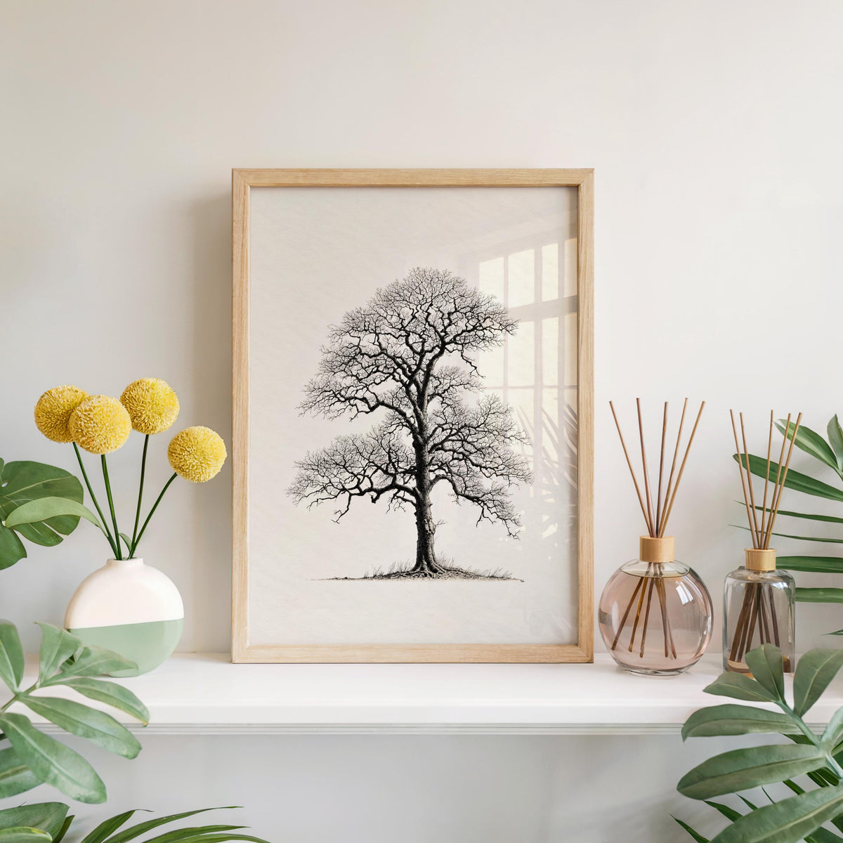 Oak Tree Wall Art, Black & White Botanical Drawing Print, Minimalist Woodland Decor, Winter Nature Sulhouette Poster, Tree Lover Gift