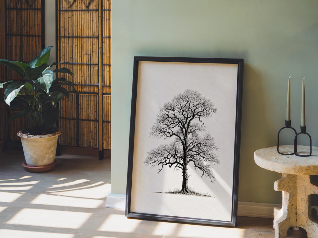 Oak Tree Wall Art, Black & White Botanical Drawing Print, Minimalist Woodland Decor, Winter Nature Sulhouette Poster, Tree Lover Gift