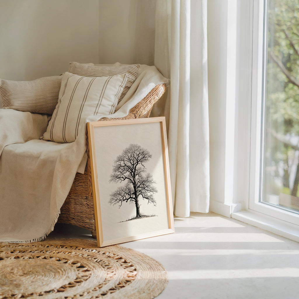 Oak Tree Wall Art, Black & White Botanical Drawing Print, Minimalist Woodland Decor, Winter Nature Sulhouette Poster, Tree Lover Gift