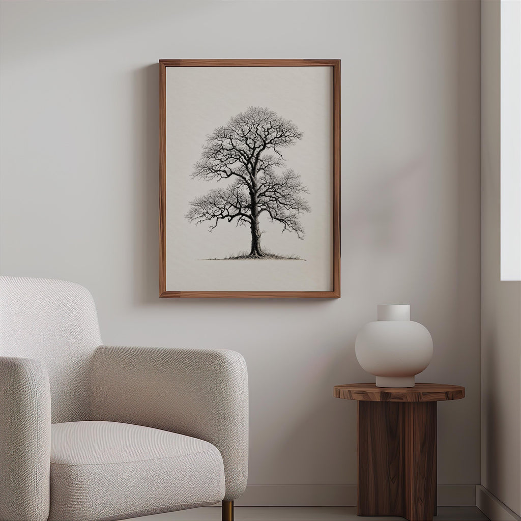 Oak Tree Wall Art, Black & White Botanical Drawing Print, Minimalist Woodland Decor, Winter Nature Sulhouette Poster, Tree Lover Gift